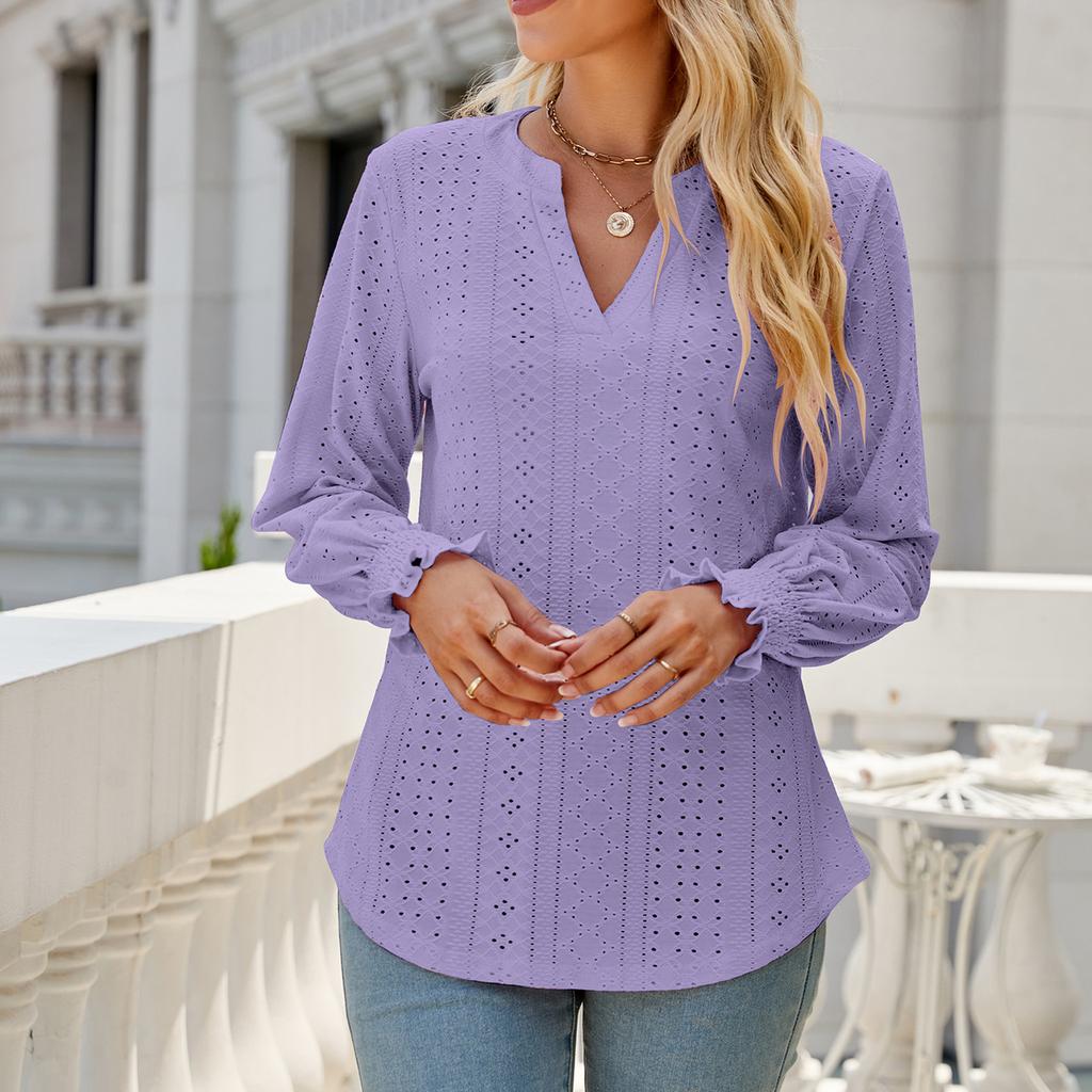 New Ladies Solid Color V-neck Casual Temperament Ladies Top Fashion Ladies Long Sleeves
