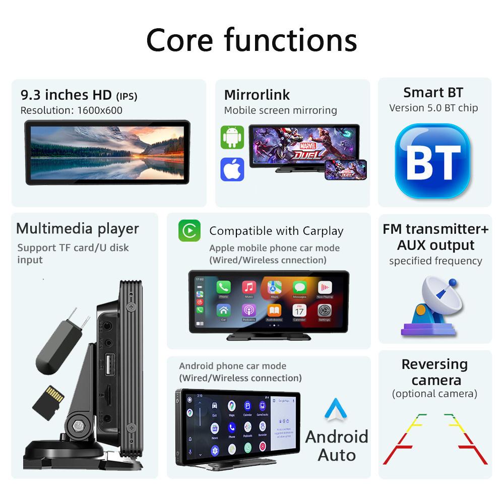 Universal 9.3" Car Monitor Touch Screen Multimedia Player For Wireless Carplay