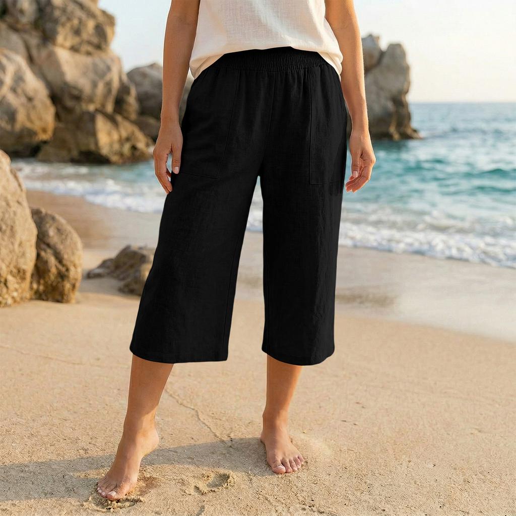 Womens Baggy Cotton Linen Pants Elastic Waist Casual Loose Summer Beach Vacation Pants