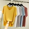 Modal V-Neck Loose Short-Sleeve Plus Size T-Shirt with Side Slits - Casual Solid Color Top for Spring/Summer