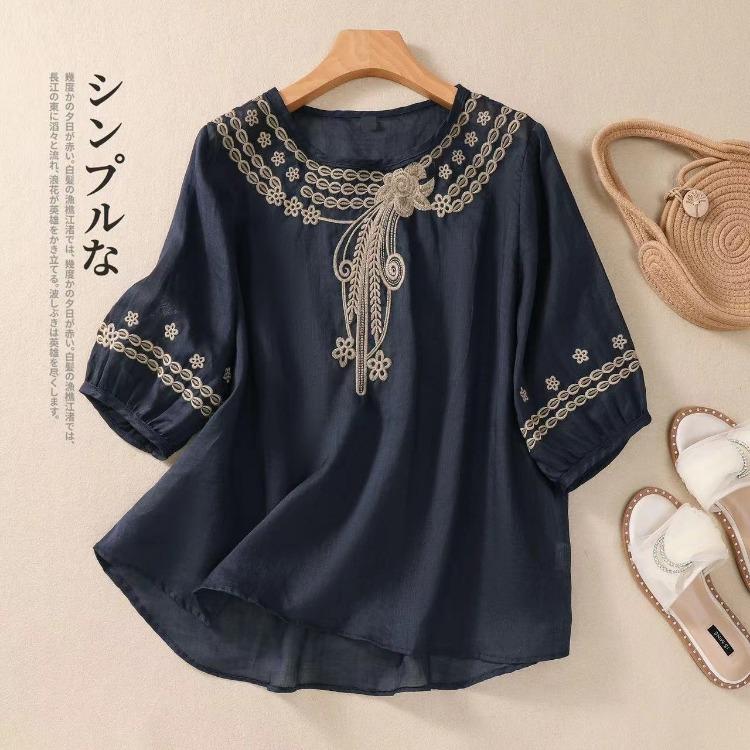 Bohemian Cotton Linen Embroidered Shirt Summer Loose Fit Casual Top