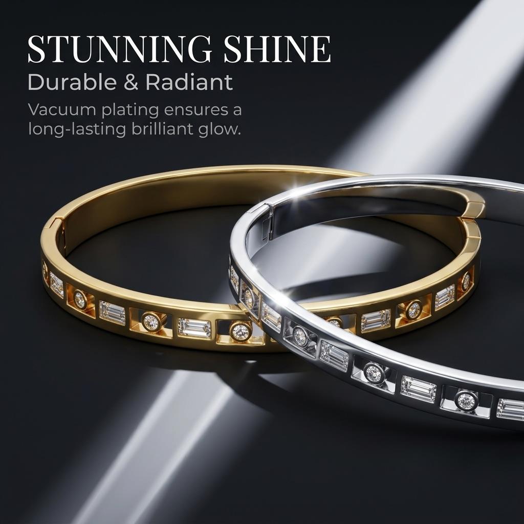 Gold Color Snap-on Zircon Bangle Stainless Steel Openwork Bracelet for Women Fashion Jewelry Gift