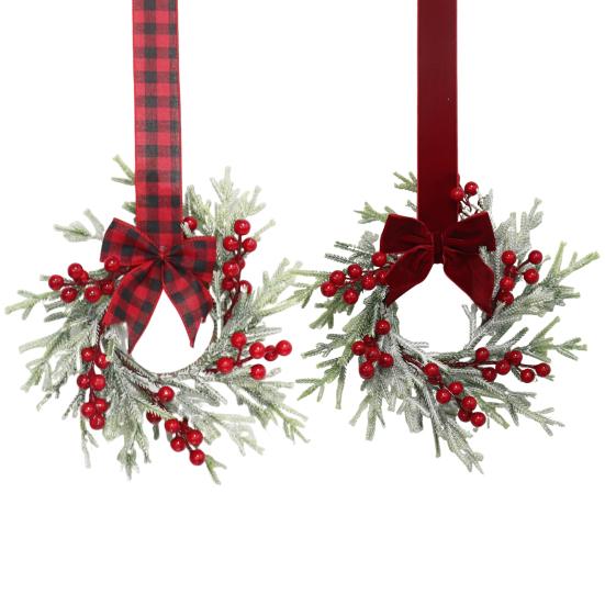 Mini Christmas Cabinet Wreath for Kitchen Red Berry Door Wreath with Bow for Farmhouse Holiday Xmas Party Decoration