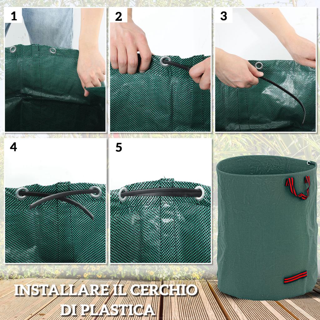 Set of 3 300L Garden Waste Bags with Handles. Resealable and Reusable. 67x84cm. Green