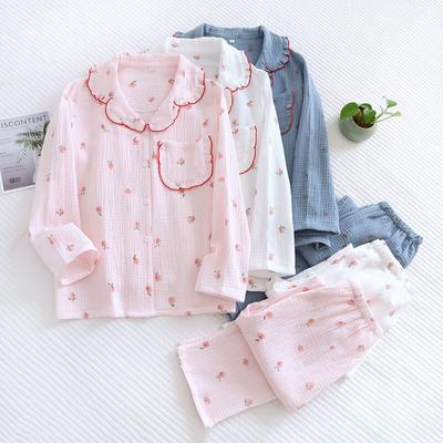 Весенне-осенние новые женские пижамы с длинными рукавами, брюки, комплект из двух предметов, 100% хлопок, креп, милый домашний костюм больших размеров, женский костюм