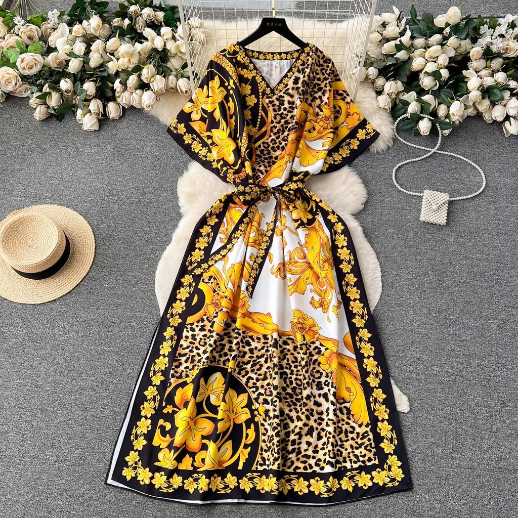 Summer Runway Baroque Leopard Dress Women Batwing Sleeve V Neck Golden Flower Print Bandage Lace Up Belt Loose Maxi Robe