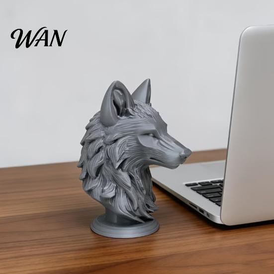 Animal Head Sculpture 3D Printed Wolf Figurine, Realistic Statue with Round Desktop Ornament Base, Wild for Home Office Bookshelf Decor PLA Figurine