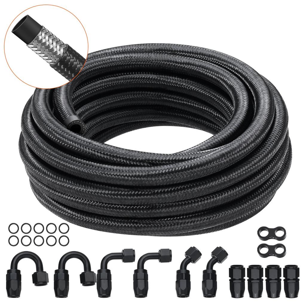 VEVOR 6AN Fuel Line Kit, 20 FT Fuel Hose Kit, 0.34" Nylon Stainless Steel Braided Fuel Line Oil/Gas/Diesel Hose End Fitting Kit