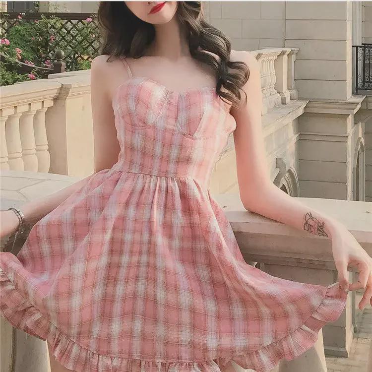 Sweet Pink Plaid Suspender Dress - Fresh Korean Style for Summer