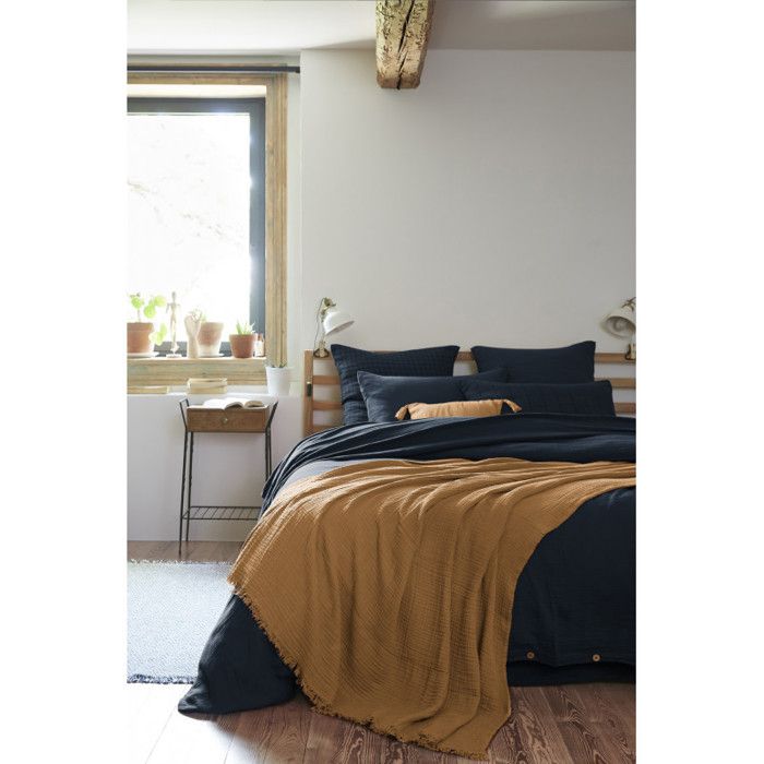 "Gaïa" Fringed Blanket All Sizes "Cotton Gauze" - Gaïa Camel - 180 X 220 Cm