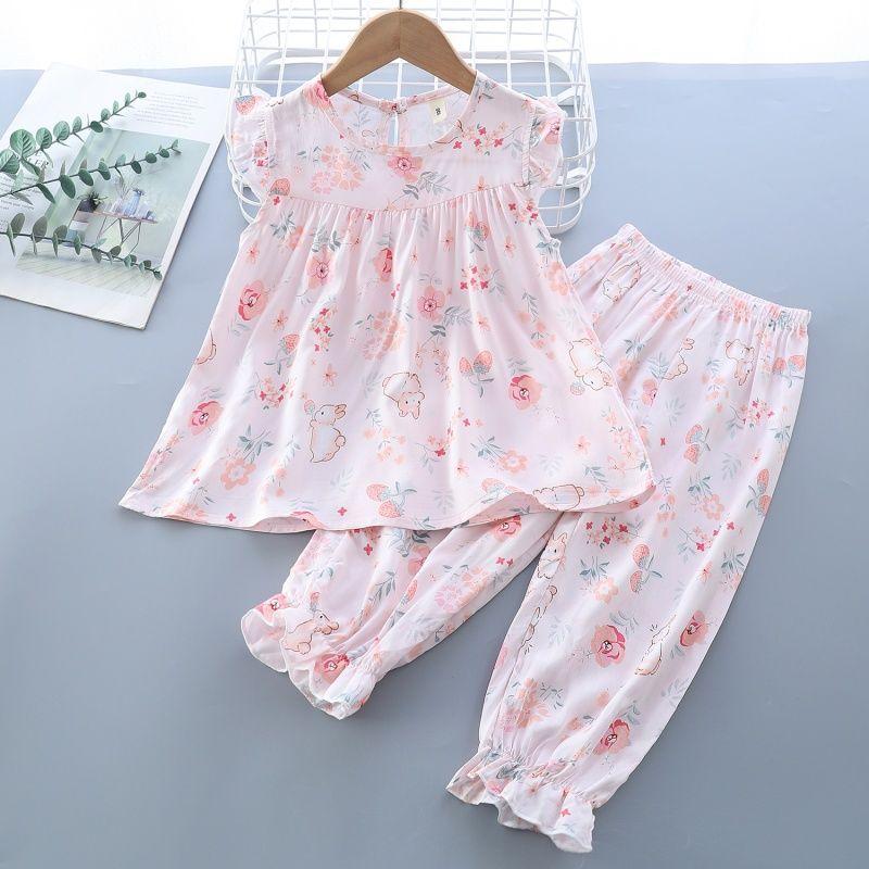 Girls' Summer Flying Sleeve Seven Part Pants Set Children's Two-piece Set Baby Pajamas