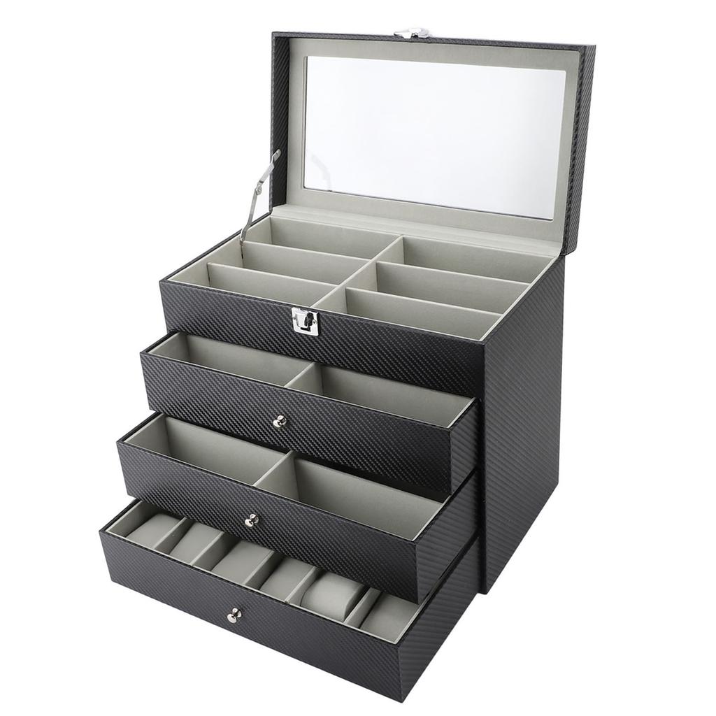 Glasses Display Case Carbon Fibre Grey Liner 4 Tiers 27 Slots Sunglass Glasses Storage Holder Box for Home