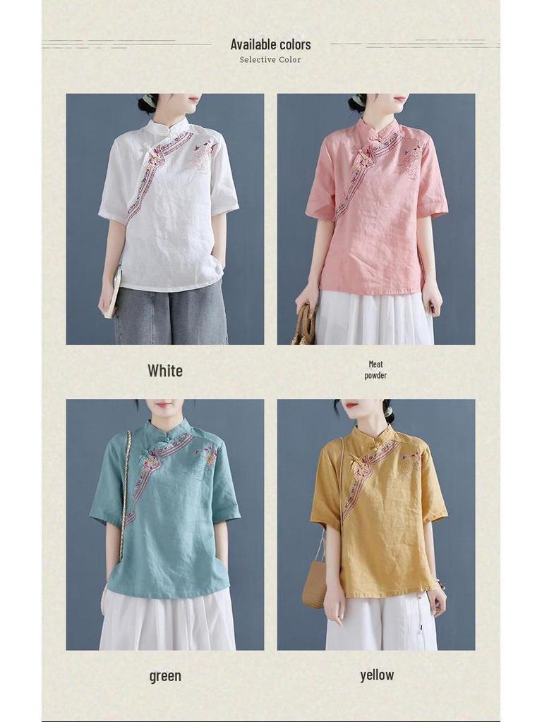 Летняя женская рубашка в национальном стиле с вышивкой из хлопка и льна с коротким рукавом в стиле ретро