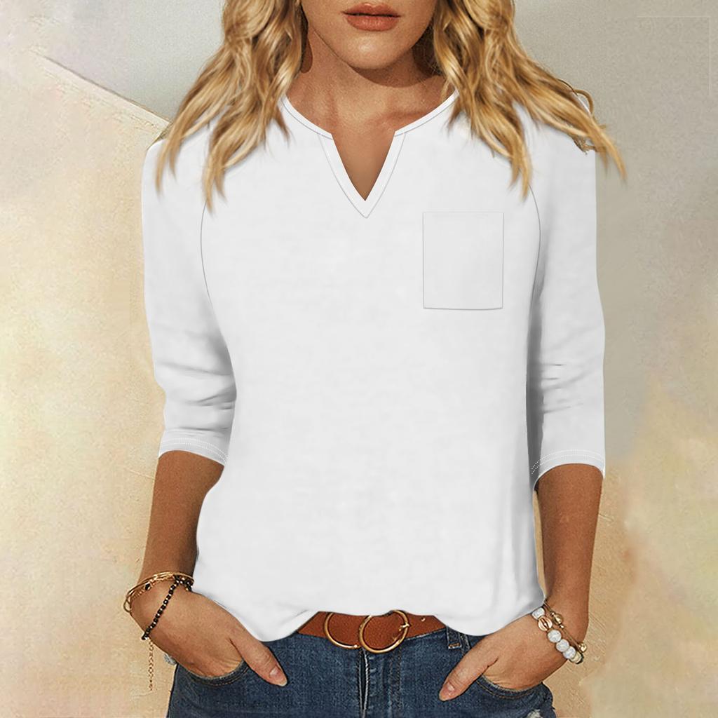 Женская модная рубашка, повседневная рубашка с рукавами реглан, карман, V-образный вырез, рукав 3/4, свободная футболка с принтом, женский топ
