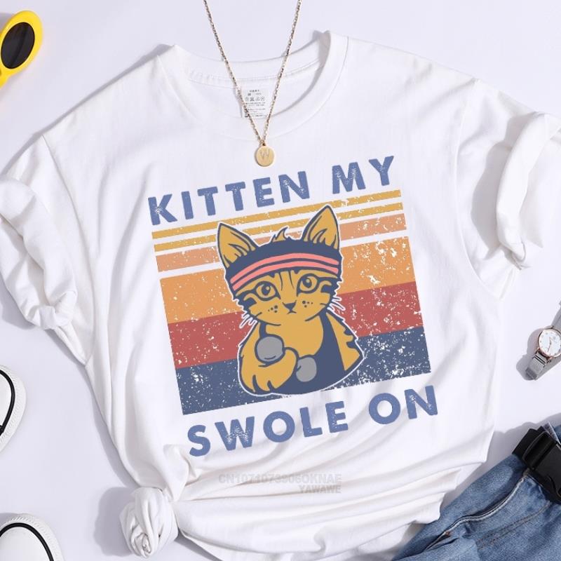 Kawaii Kitten My Swole on Female Tshirt Breathable Summer T Shirt Casual Quality Crop Top Streetwear Personality Women Tshirts