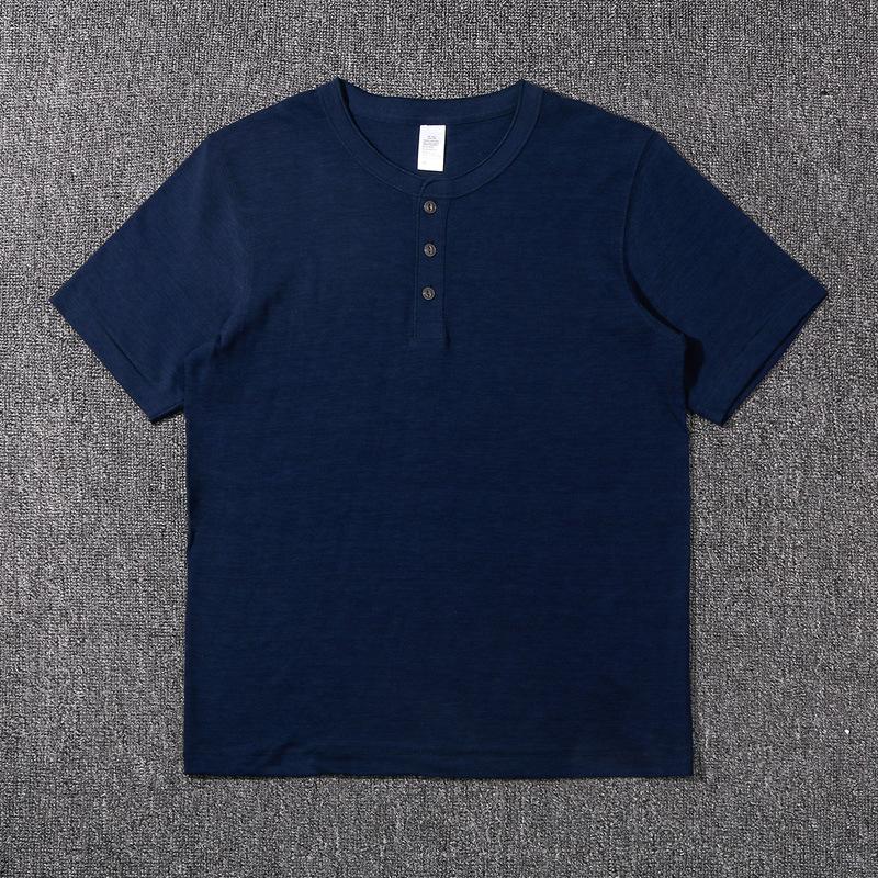 Heavyweight Slub Cotton Men‘s T-Shirt Henley Neck American Vintage Loose Soft Undershirt Summer