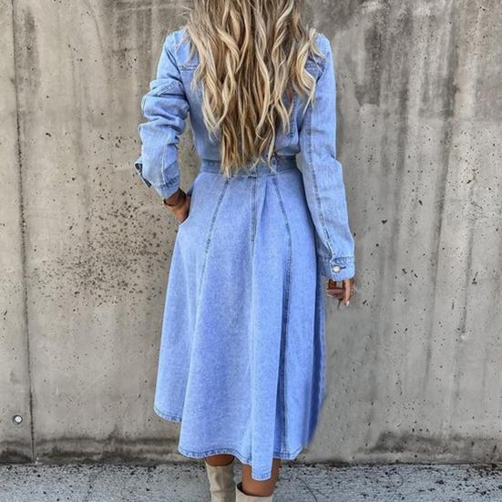 Single-Breasted High Waist Denim Dress Shrink-resistant Lapel Belt Long Sleeve Women Midi Dress Streetwear