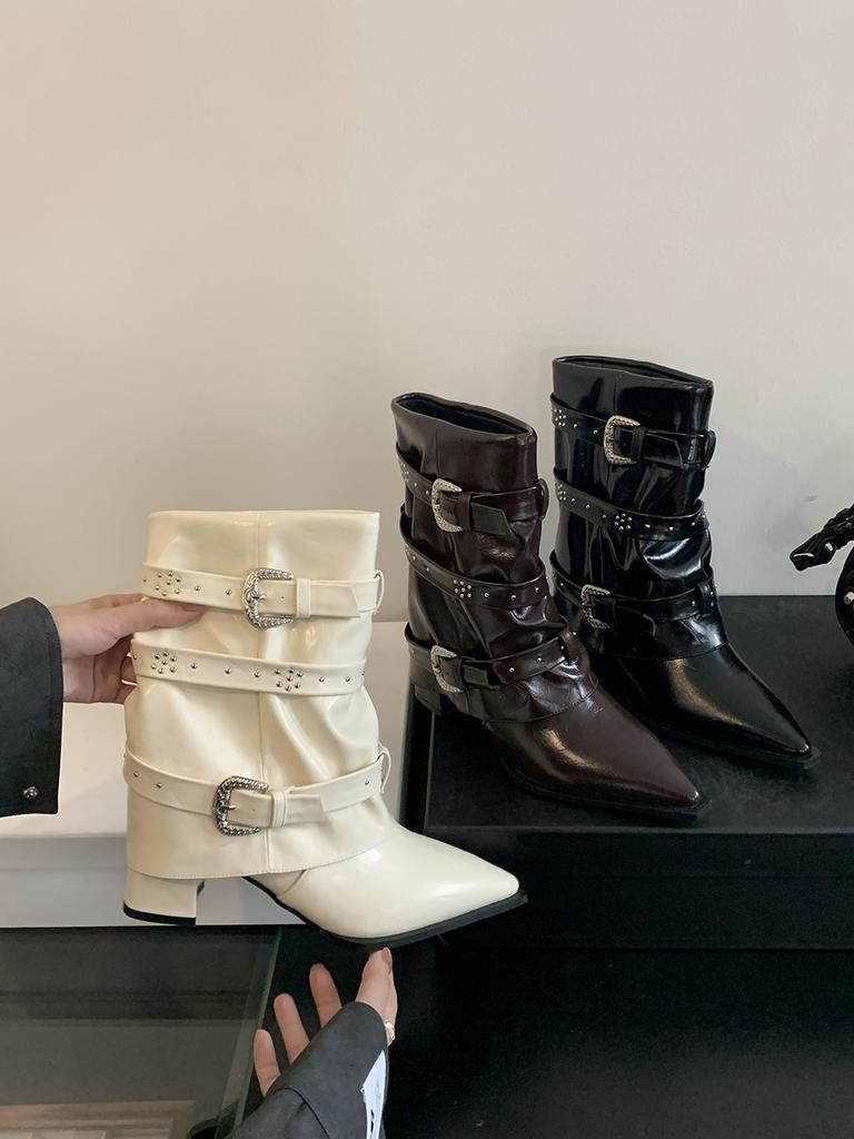 Модные женские сапоги с острым носком до середины голени, черные, коричневые, с пряжкой на ремне, на толстом высоком каблуке, женские, размер 35-39, модные туфли-лодочки