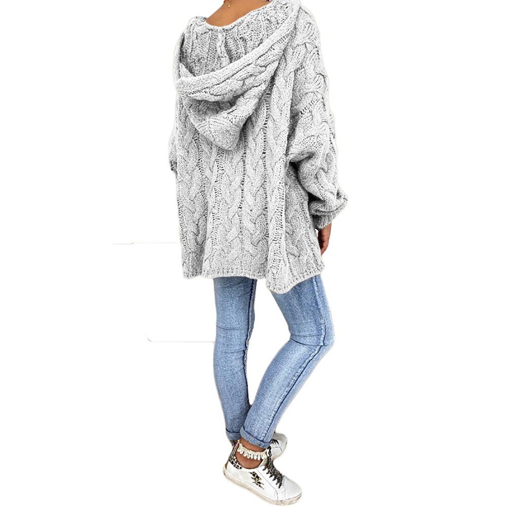 Women's Autumn and Winter Knitted Thickened Twist V-Neck Hooded Loose Sweater