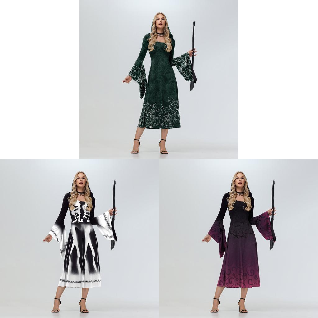 Halloween Witch Crazy Hooded Dress With Digital Print For Costume Parties