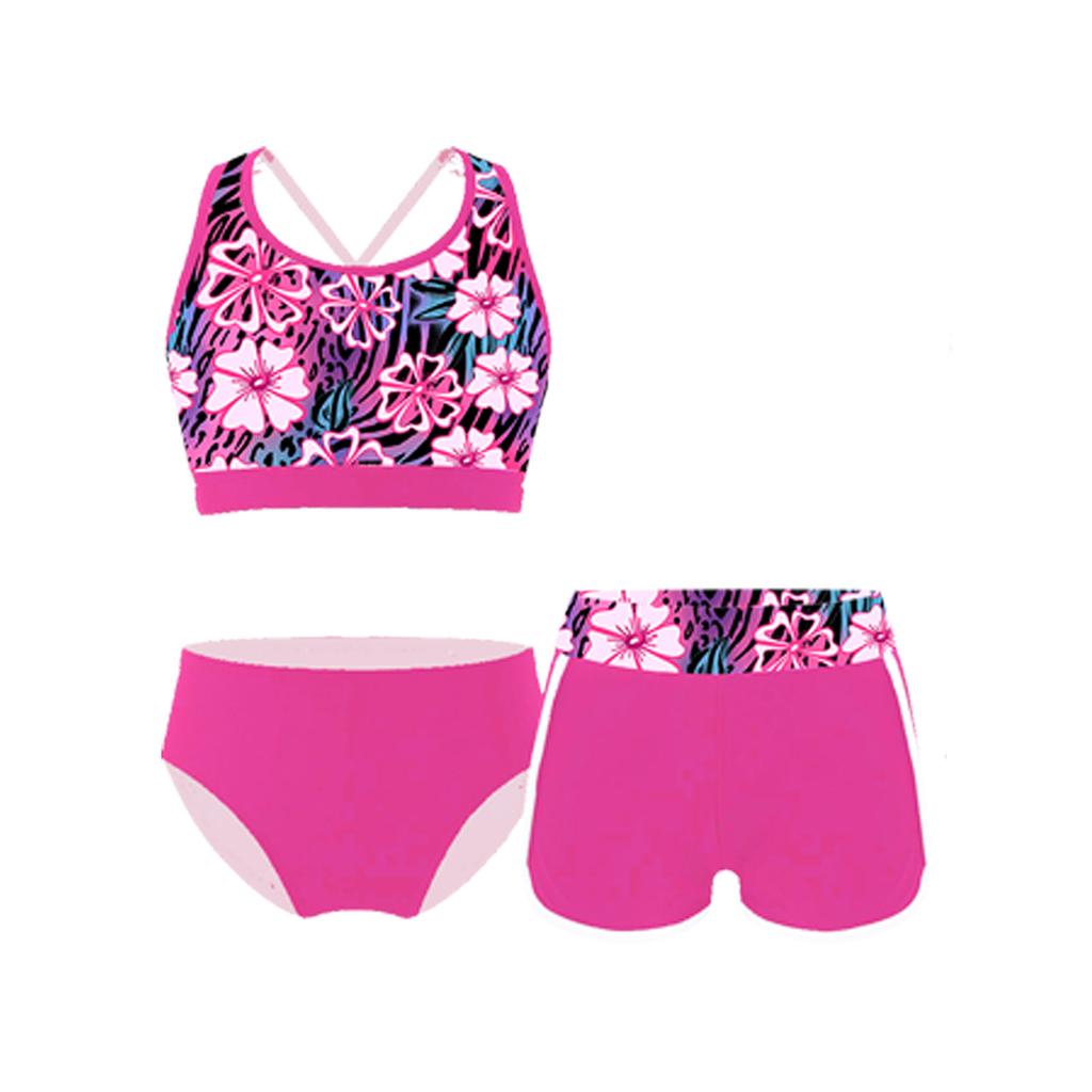 3 шт., детский купальный костюм для девочек, укороченный топ с принтом U-образным вырезом, шорты и трусы, комплект из рашгарда для пляжа и бассейна