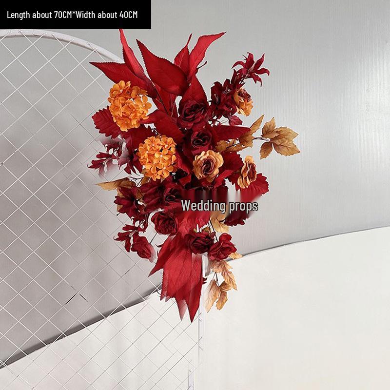 Red Floral Wedding Stage Backdrop with Artificial Flower Rows