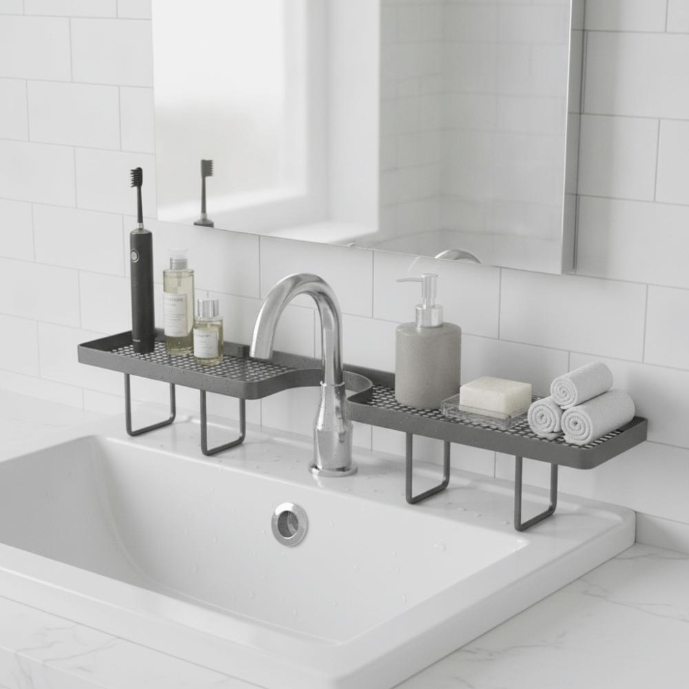 No-Drill Faucet Sink Shelf Large Capacity Faucet Drain Organizer  Mirror Front