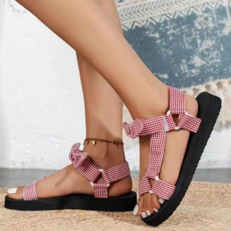Новинка 2022 года, туфли с сетчатым бантом и открытым носком с губчатой подошвой, большие женские сандалии на липучке и одной линии с пряжкой