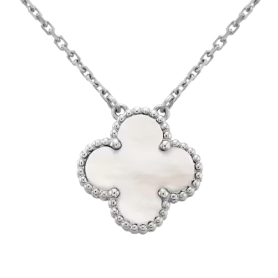 Clover Necklace K18 Pearl White Gold 18K Quatrefoil Gift Engraved Women's (A. White)