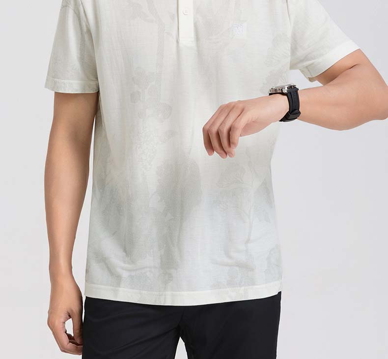 [National style imitation linen texture] Langdeng stand up collar T-shirt men's short sleeved summer new semi open collar lightweight and sweat proof