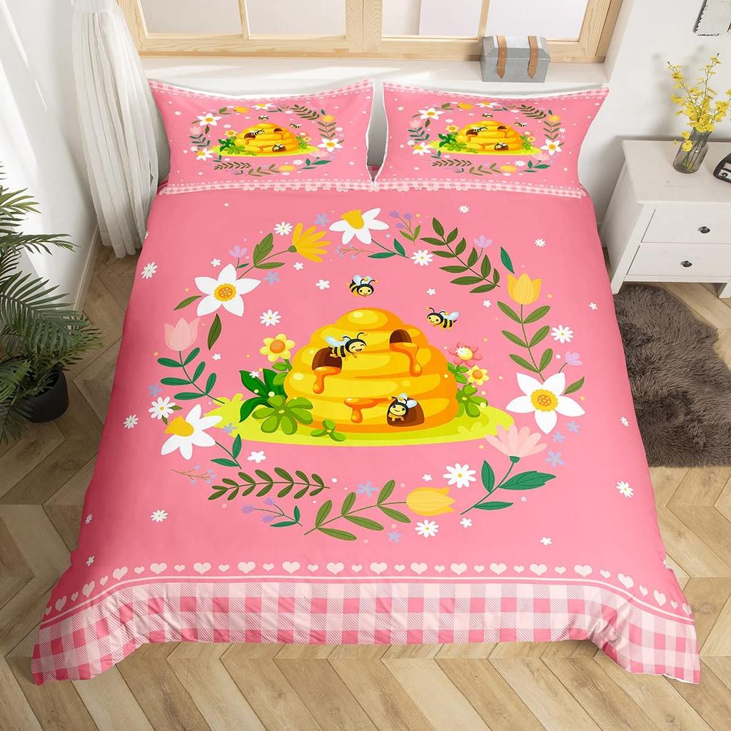 Comforter Kawaii Rabbit Cartoon Animal Bedding Set Geometry Grid Checkered Comforter Colorful Flowers Butterfly Bed Set