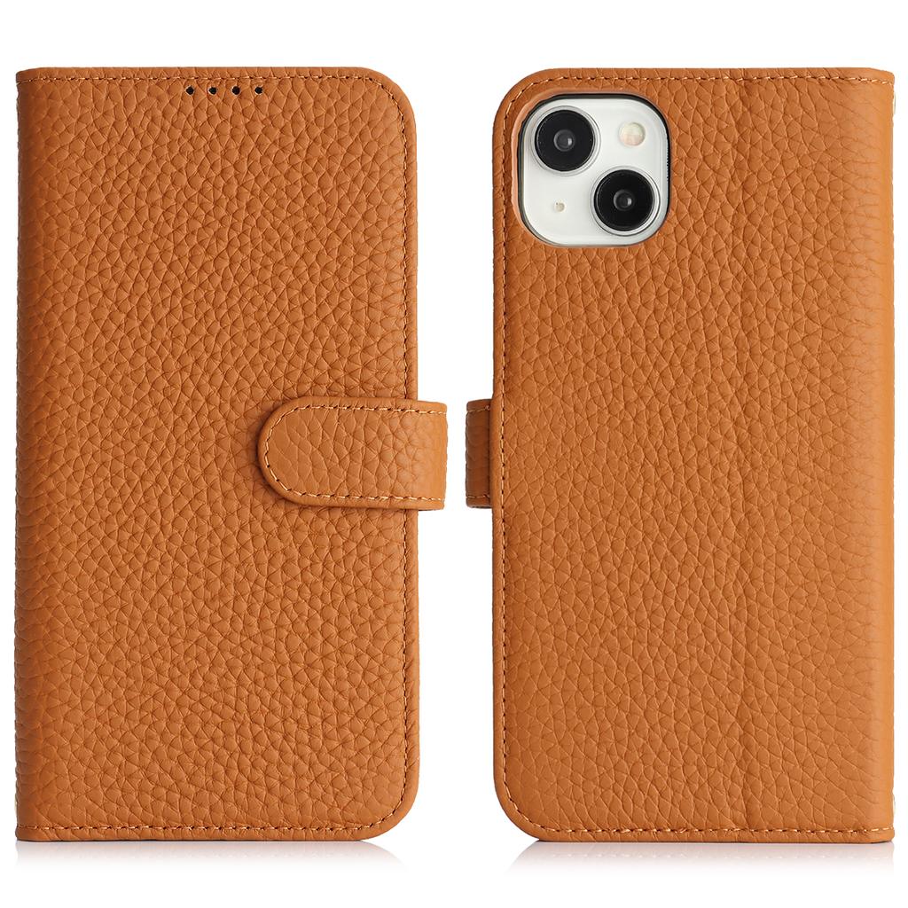 For iPhone 13 mini Stand Case Litchi Texture Genuine Cow Leather Wallet Phone Cover RFID Blocking