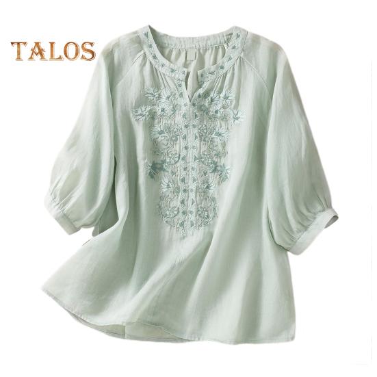 Летняя женская рубашка с V-образным вырезом и цветочной вышивкой, рукава три четверти, свободная однотонная ретро-мама, женская повседневная блузка среднего возраста