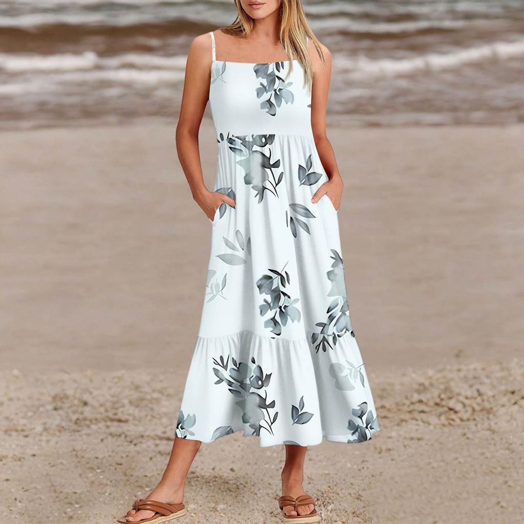 Women's Summer Spaghetti Strap Patchwork Beach Vacation Floral With Pocket Dresses