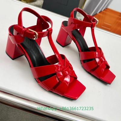 Женские сандалии на толстом каблуке с квадратным носком и перекрестными ремешками, однотонные, с открытым носком, из натуральной лакированной кожи, каблук 6,5 см, новейшие летние сандалии 2025 года