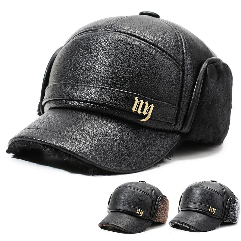 Men's Leather Hat Winter Warm Ear Protection Hat for Middle-Aged and Elderly People Bomber Hat Thick Cold-Proof Cap