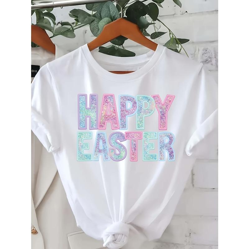 Женская футболка с принтом 'Happy Easter' - Европейский размер, с коротким рукавом, круглым вырезом, весенне-летний топ с надписью HAPPY EASTER