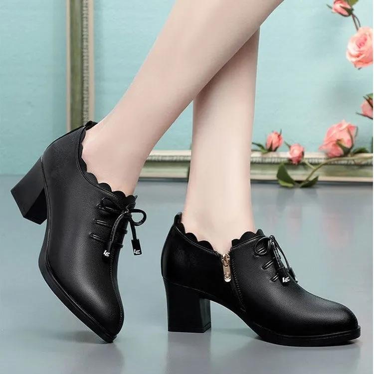 Women Faux Leather Single Shoes Mother Soft Sole Thick Heel Non Slip Black Casual High-heeled PU Shoes Plus Size