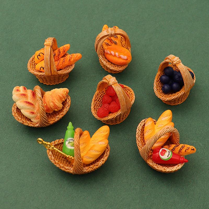 Miniature Dollhouse Fruit And Bread Basket Model Accessories Pretend Kitchen Food For Doll Toy Scene Photography Props