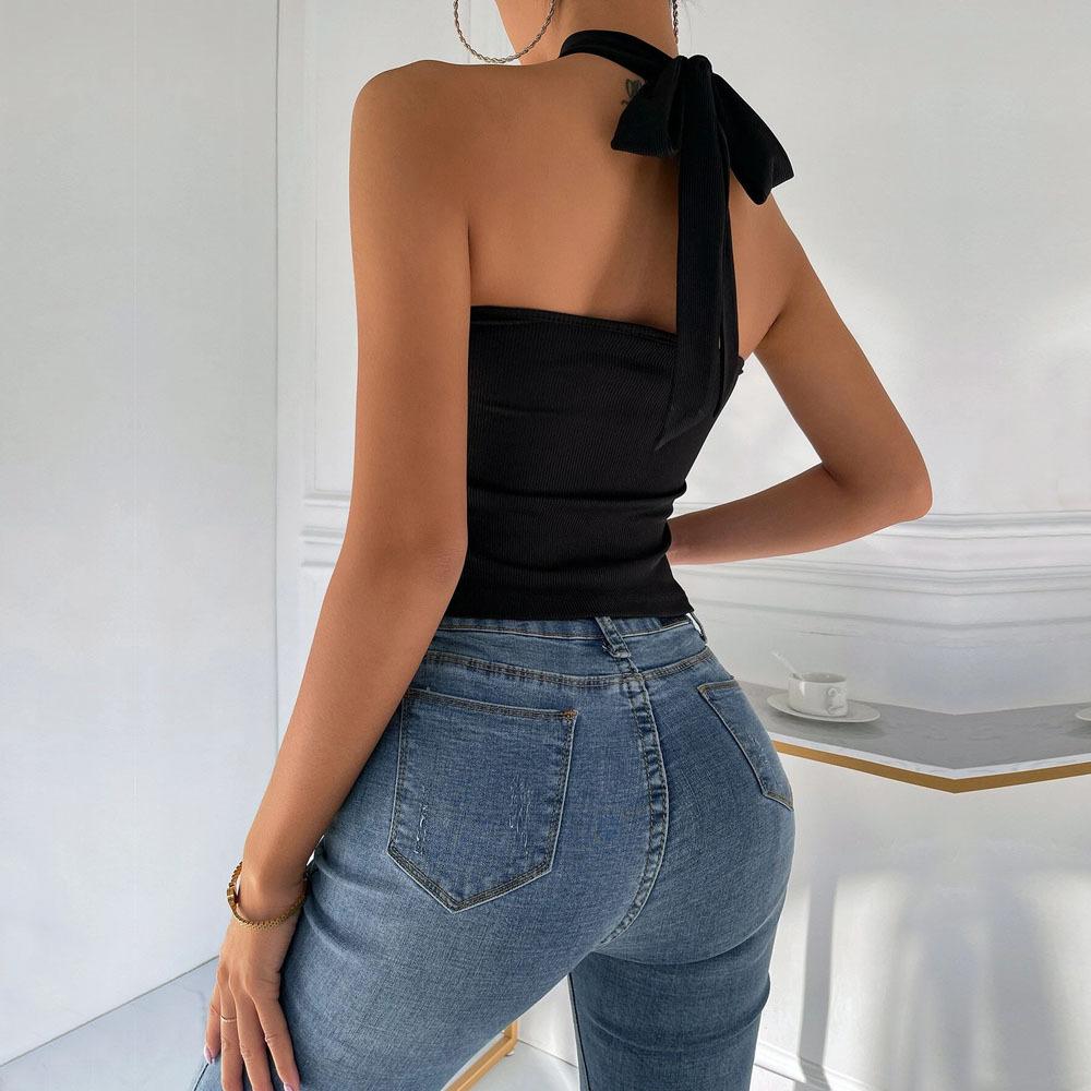 European and American women's clothing solid color neck cross small vest sexy slim slim top women's vest