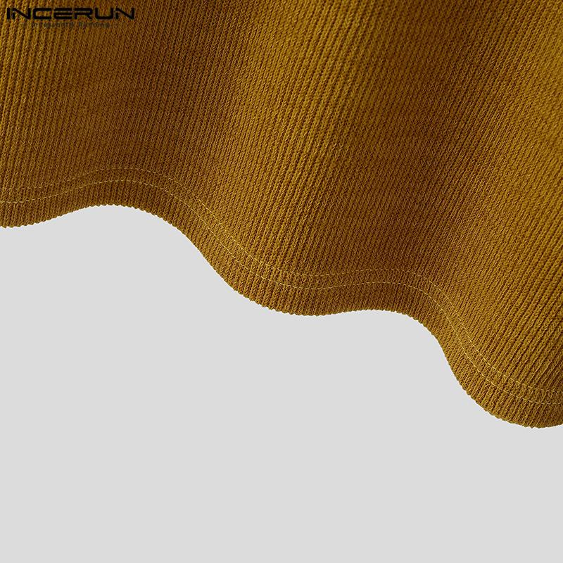 INCERUN Осенние мужские пуловеры с длинным рукавом, на молнии, с лацканами, с декоративной строчкой, в рубчик