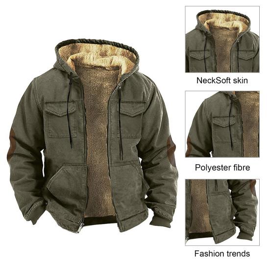 Мужская термокуртка с капюшоном, затягивающимся шнурком, длинным рукавом, однотонная куртка с карманами, застежкой-молнией, плюшевой подкладкой, спортивное пальто