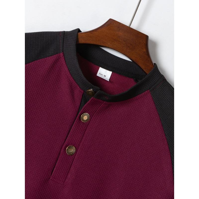Мужская рубашка-henley с цветовыми блоками, реглан, короткий рукав, повседневная, летняя, вафельная вязка