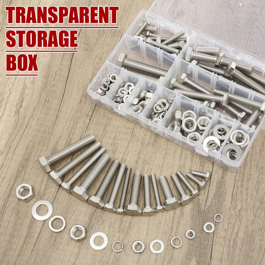 232Pcs Hex Bolts and Nuts Set M6 M8 M10 M12 Nut and Bolt Assortment Kit 304 Stainless Steel Outer Hexagon Bolts Machine Screws