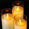 Homemory Flickering Flameless Battery Operated Acrylic LED Pillar Candles with Remote Control and Glass Set of 3 Candles, Timer, Effect, White,