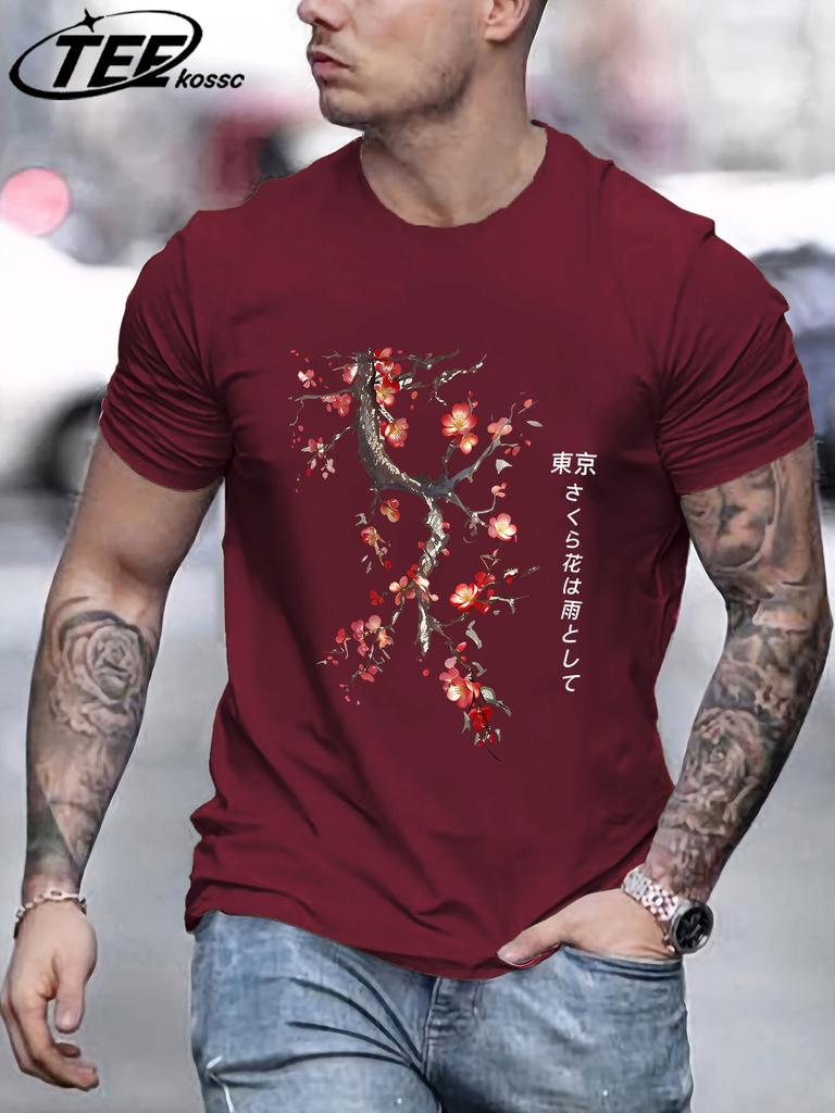 Cherry Blossoms And Rain In Tokyo Mens T Shirts Hip Hop AllMatch Tops Casual Cotton Retro Clothes Male Loose ONeck Streetwear