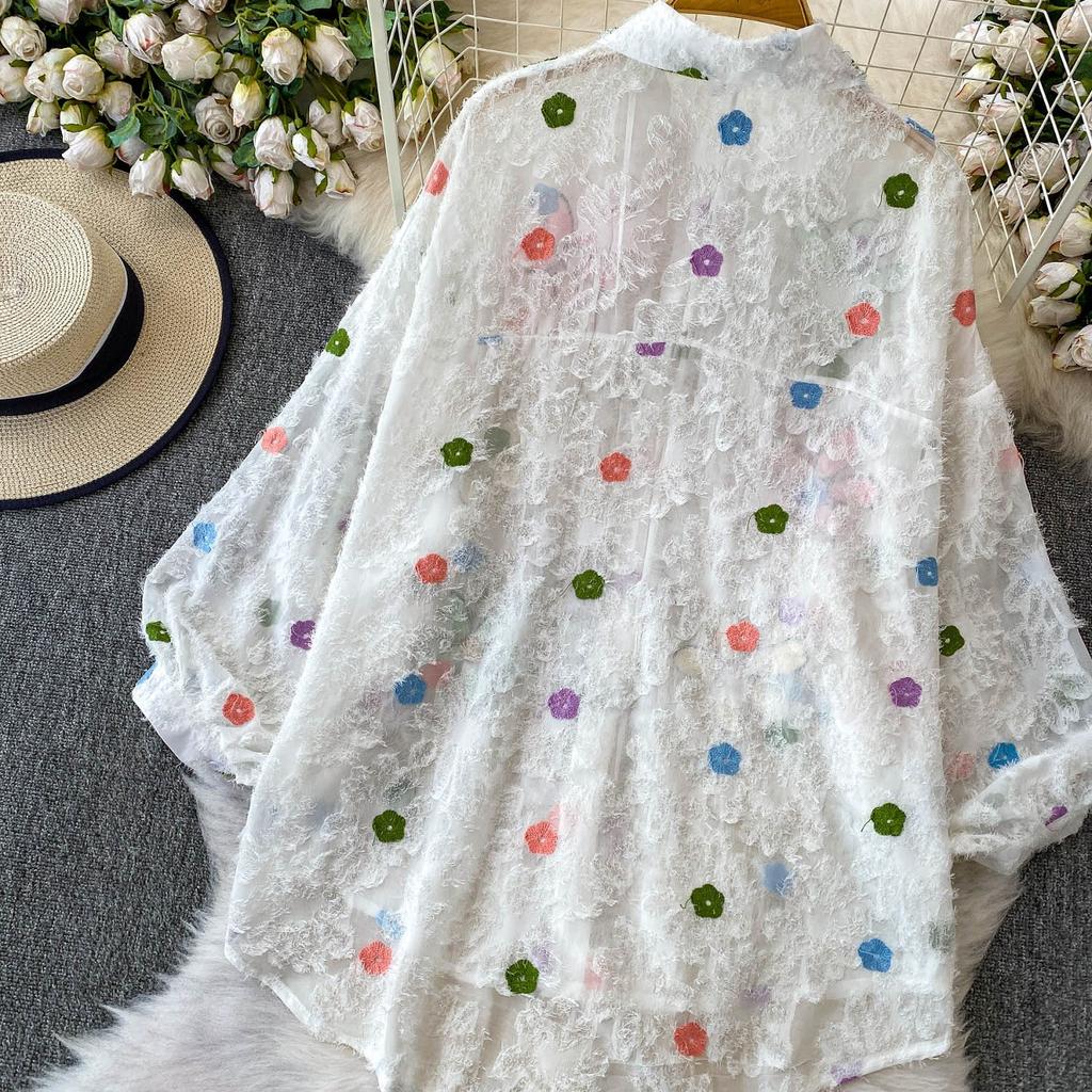 Премиальная рубашка с лацканами и рукавами-фонариками, украшенная бриллиантовыми пайетками в виде цветов, женская летняя милая, омолаживающая, свободная, с бахромой