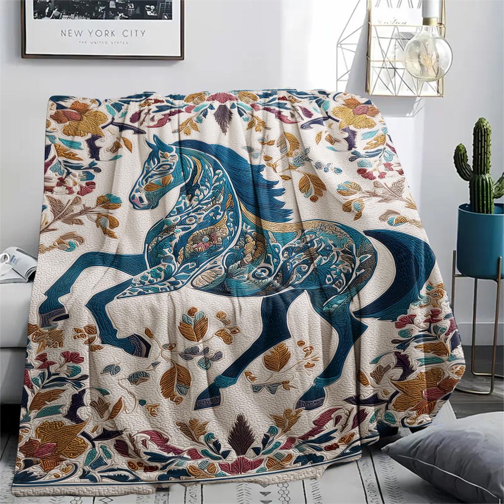 Flower Horse Print Flannel Blanket, High quality Comfortable for All Seasons, Home Decor, Warmth and Comfort, Perfect for Christmas Gifts