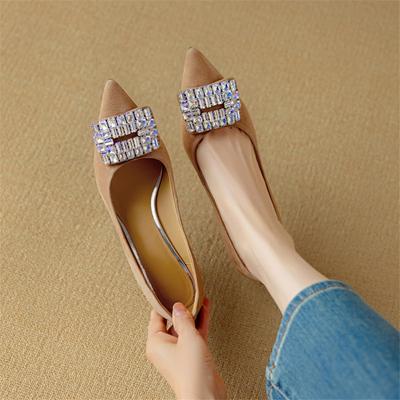 Модные новые весенне-летние женские туфли-лодочки из овечьей замши, женская модная обувь со стразами с острым носком, туфли на высоком каблуке, офисная женская обувь