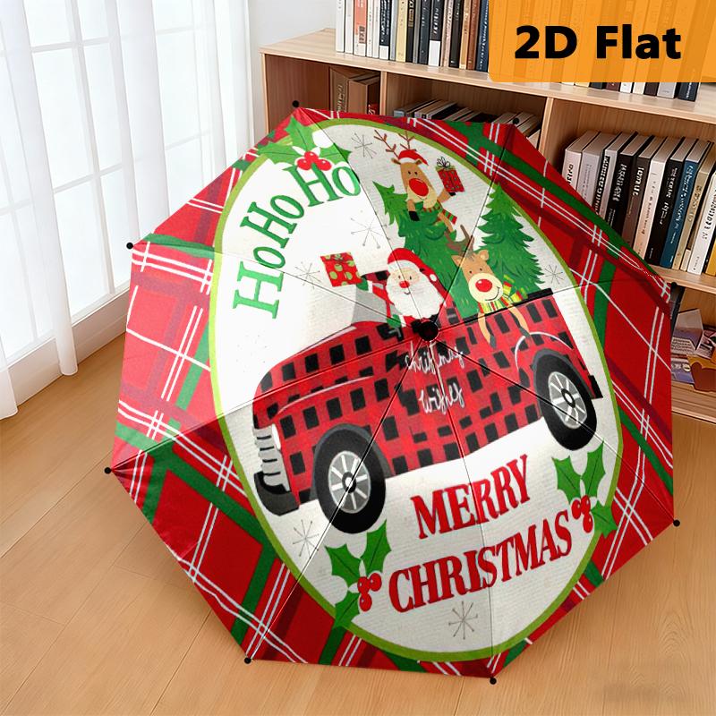 Christmas Village Festive Scene Tree Presents Folding Umbrella Umbrella 8 Paraphenoid Bones Printing Travel Sun Umbrella